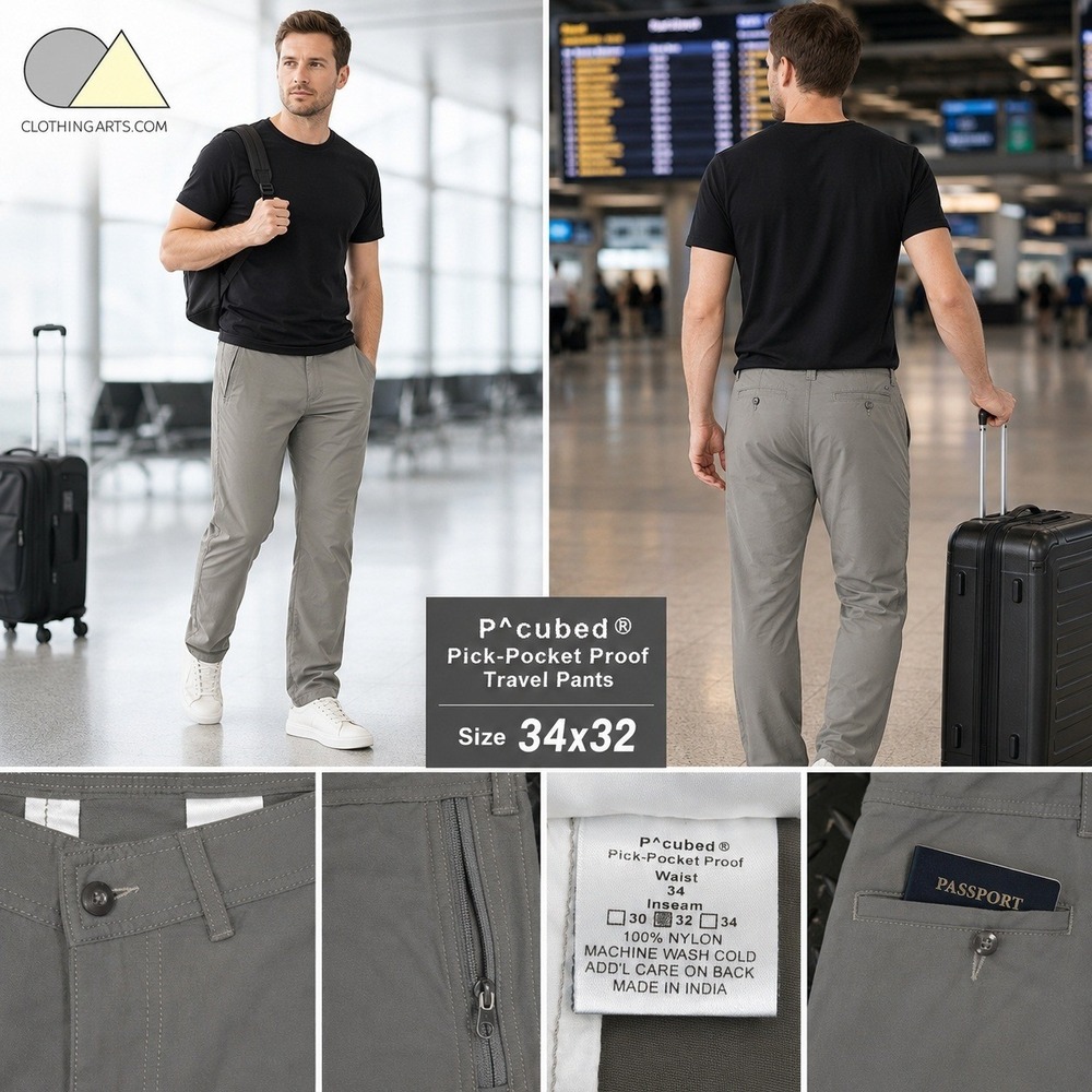 Clothing Arts P^cubed Pick-Pocket Proof Travel Pants Mens 34x32 Ash Gray Nylon